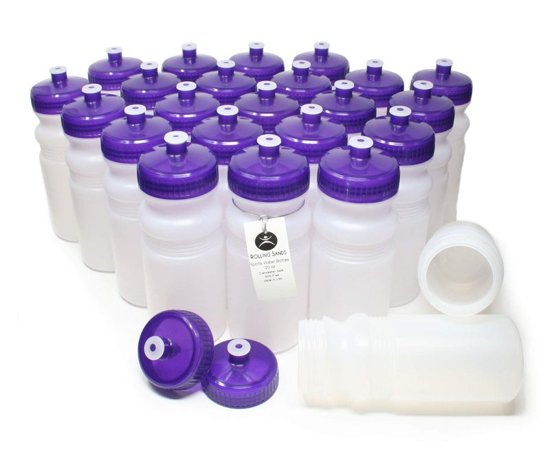 Rolling Sands Reusable Bulk Water Bottles 24 Pack - 20 Oz Sports Water Bottles, USA Made, BPA-Free, Wide Mouth for Easy Cleaning, Dishwasher Safe, Break Resistant - Clear Frost Bottle/Purple Lid - Image 1